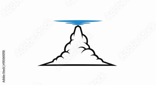 Stylized erupting volcano with a blue, wispy cloud over white background