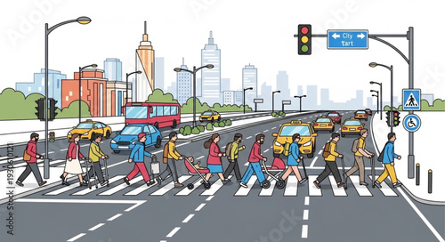 City Street with Pedestrians Crossing Road.