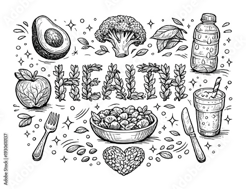 Healthy food and nutrition concept with salad bowl, fruits and vegetables for design, poster and background promoting wellness and a healthy lifestyle