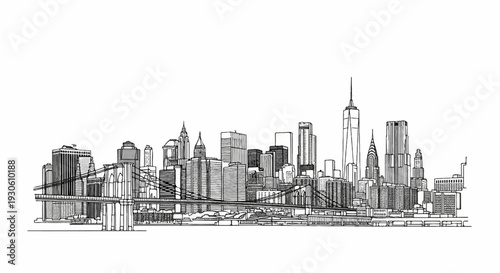 Stylized line art silhouette of a bustling metropolis skyline with a prominent bridge
