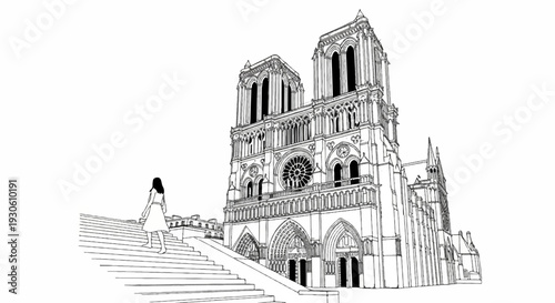 Stylized line drawing of a Gothic cathedral facade with a lone figure ascending steps