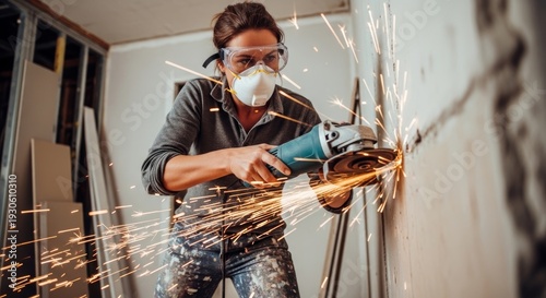 Woman renovator using angle grinder on a wall with sparks flying. Power tool operation for home improvement and construction work.