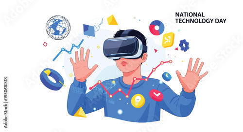 Illustration of a person wearing virtual reality goggles with various icons floating around in a white background, celebrating National Technology Day.