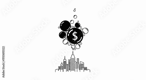 Stylized city skyline with ascending bubbles, one containing a dollar sign