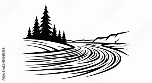 Stylized evergreen trees beside a flowing river with rocky banks