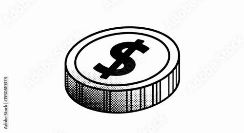 Stylized isometric dollar coin with halftone shading on the side