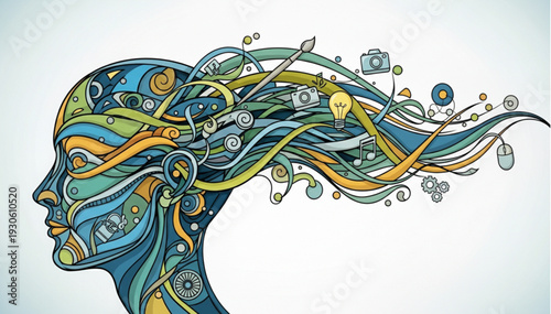Intricate stylized human head profile with flowing creative ideas, art, and technology icons in vibrant colors.
