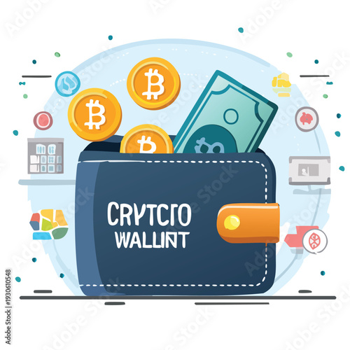 Crypto wallet concept with bitcoin coins and cash illustration
