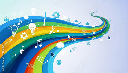 Colorful Wavy Path Adorned with Diverse White Creative Icons, Symbolizing Ideas, Music, and Technology Flow