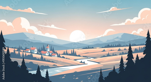 Pixel art serene village landscape with rolling hills, a winding river, and a bright sunset, featuring a charming retro aesthetic.