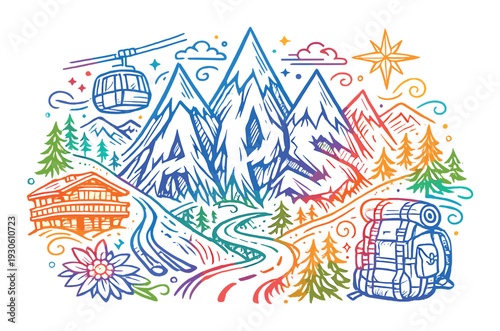 Alps mountain adventure concept with chalet cable car backpack and river for design, card, poster and background