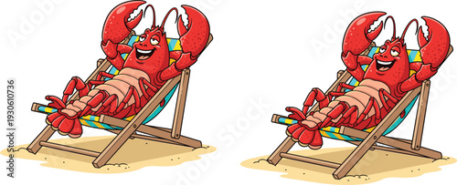 Cartoon lobsters relaxing on beach chairs, summer vacation concept, funny seafood illustration, tropical holiday vector, playful marine life artwork
