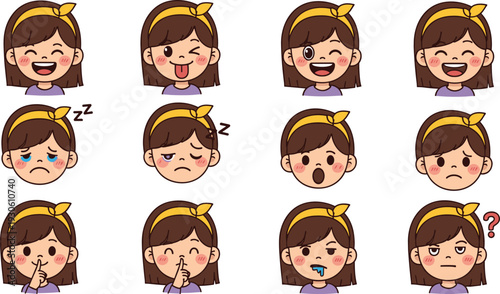 Cute girl facial expressions set showing different emotions cartoon avatar collection illustration