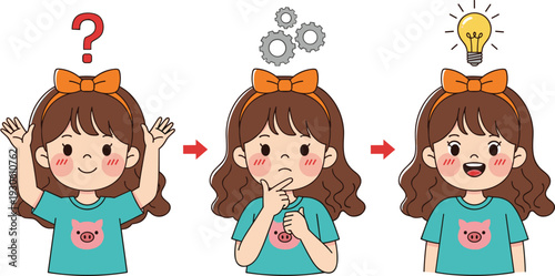 Cute girl thinking process concept, question idea solution steps, problem solving cartoon character vector illustration sequence