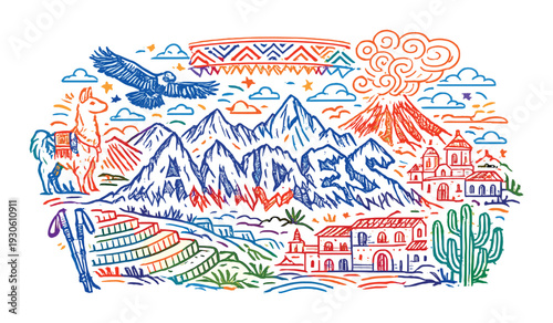 Andes mountain culture concept with llama condor terraces and volcano for design, card, poster and background travel layout