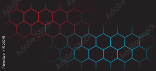 Abstract dark hexagon pattern on red neon background technology style. Modern futuristic geometric shape web banner design. You can use for cover template, poster, flyer, print ad. Vector illustration