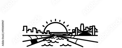 Stylized sunrise over a city skyline with a bridge and water