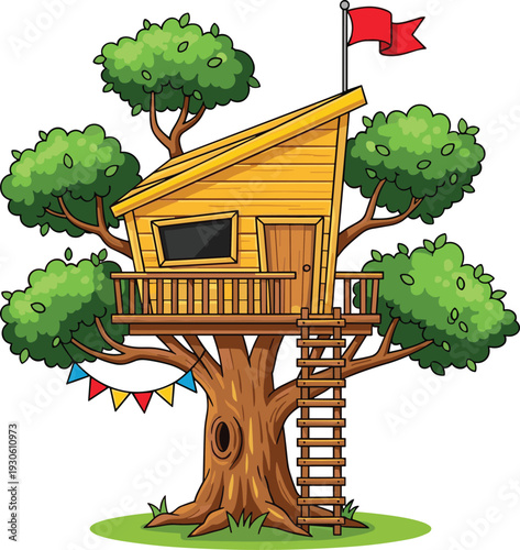 Cute wooden treehouse with ladder and balcony, cartoon illustration of kids outdoor playhouse isolated on white background
