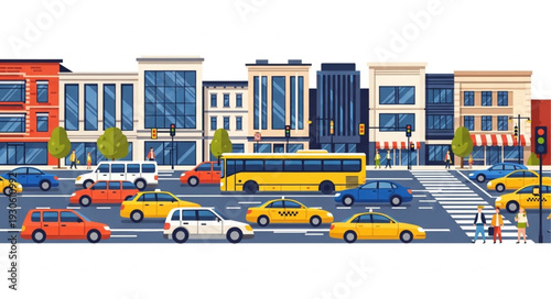 City Street with Cars and Buses.