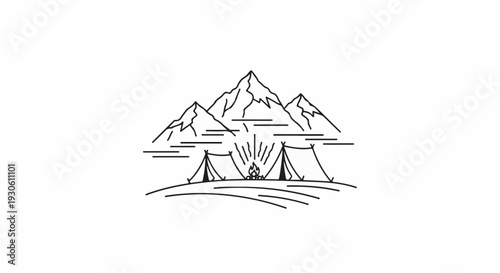 Tents and campfire in front of a stylized mountain range