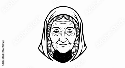 Stylized ink drawing of an elderly woman's face in a headscarf