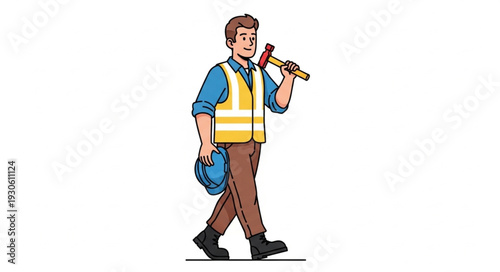 Construction Worker Walking and Talking on Phone.