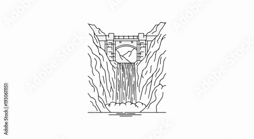Stylized dam and waterfall flowing between rocky cliffs