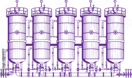Industrial Water Treatment Plant Vector Line Art Illustration with Filtration Tanks, Pipes and Valves, Wastewater Processing Infrastructure Technical Schematic Drawing for Engineering