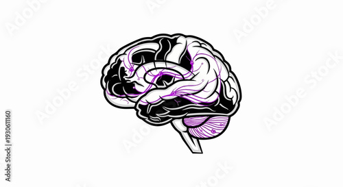 Stylized human brain with purple neural pathways and connections