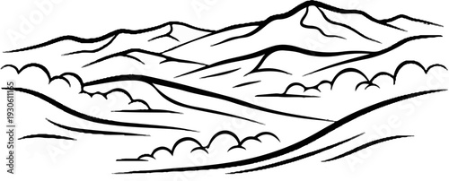 Stylized ink drawing of rolling hills and distant peaks under an open sky