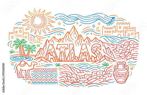 Atlas travel map desert mountains and oasis concept with camel, amphora and palm trees for tourism branding, poster and background design