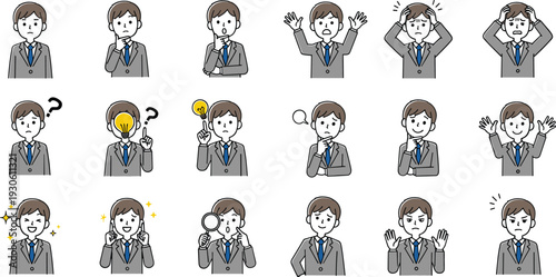 Businessman Emotion and Reaction Cartoon Collection with Thinking, Question Mark, Idea, Stress, Excited and Confident Gestures for Corporate Presentation and Office Illustration