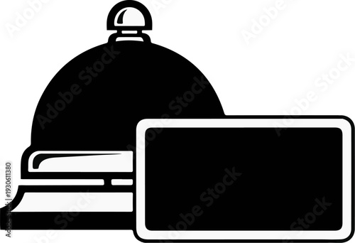 Stylized icon depicting a food service bell and a blank rectangular sign