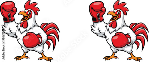 Cartoon roosters boxing, wearing red gloves, funny animal fight vector illustration, sports mascot design, competitive poultry artwork, humorous character concept