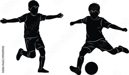 Children playing soccer silhouette vector illustration, kids kicking ball, outdoor sports teamwork, childhood fun activity, dynamic motion design, athletic youth play