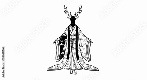 Stylized deer figure in traditional patterned kimono with flowing sleeves