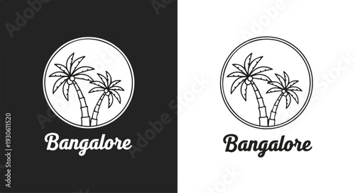A graphic design featuring a black and white illustration of two palm trees in a circle with the word 'Bangalore' on a contrasting black and white background.