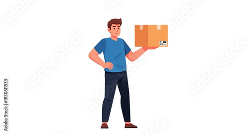 Man holding a cardboard box confidently standing.