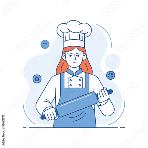 Professional female chef holding a rolling pin ready to bake.