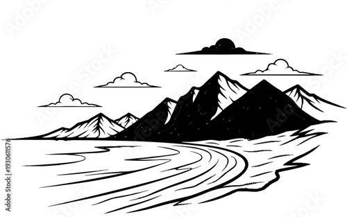 Stylized ink sketch of a mountainous landscape with a winding river and clouds
