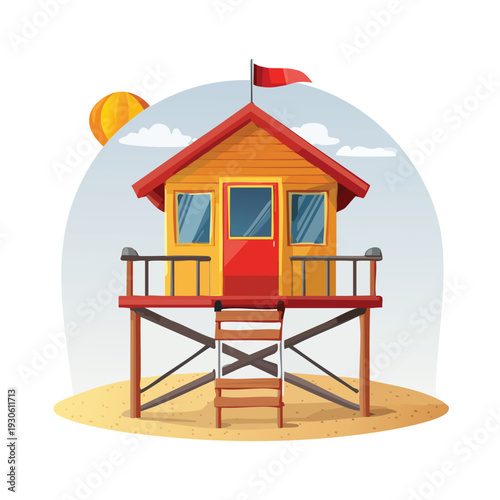Colorful cartoon illustration of a beach lifeguard stand