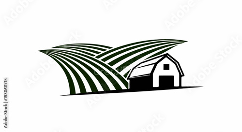 Stylized farm with rolling green fields and a simple barn