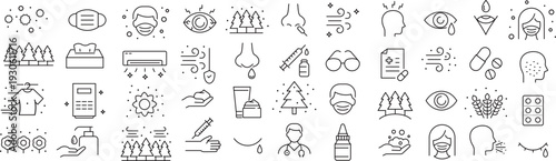 ベクターでモノクロの花粉症に関する線画アイコンセット
