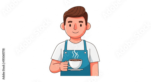 Man Holding Coffee Cup Wearing Apron.