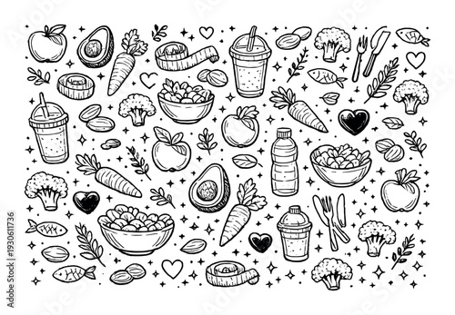 Healthy food and nutrition seamless pattern with fruits vegetables bowls and drinks for design packaging menu and background promoting diet wellness balanced eating
