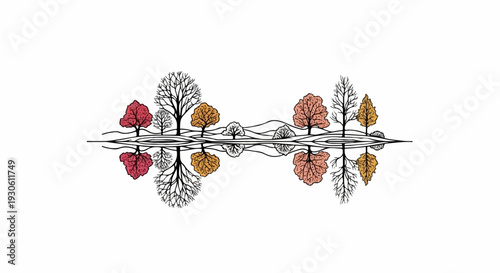 Stylized trees with colorful foliage reflected in water