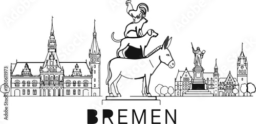 Stylized line drawing of iconic city buildings and animal sculpture