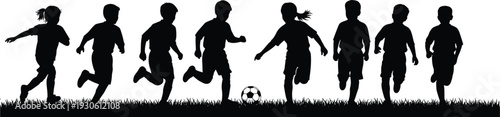 Children running silhouette vector illustration, kids playing soccer ball, outdoor activity field, childhood energy, sports teamwork, playground fun, dynamic motion design