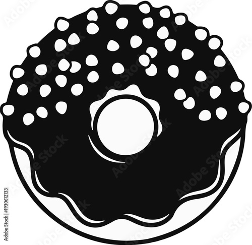 Stylized depiction of a chocolate iced ring pastry with white sprinkles
