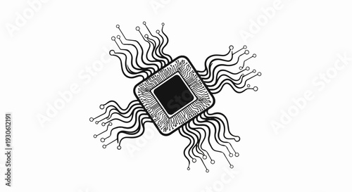Stylized depiction of a central processing unit with radiating circuit pathways